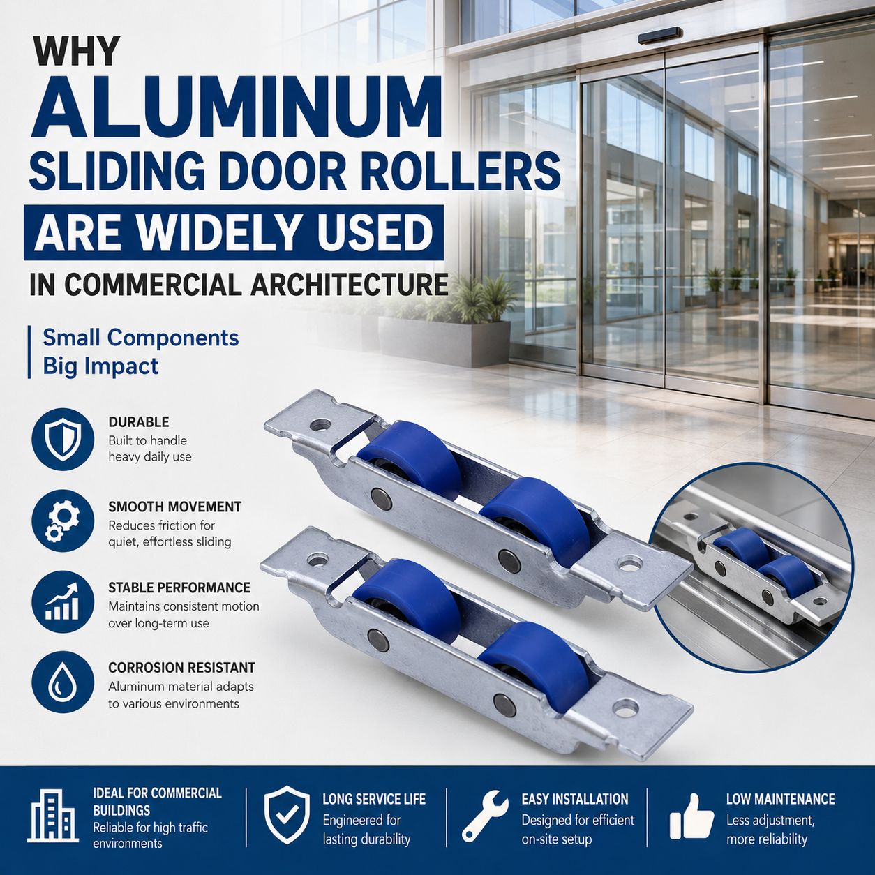  De ce rolele din aluminiu pentru uși glisante sunt utilizate pe scară largă în arhitectura comercială